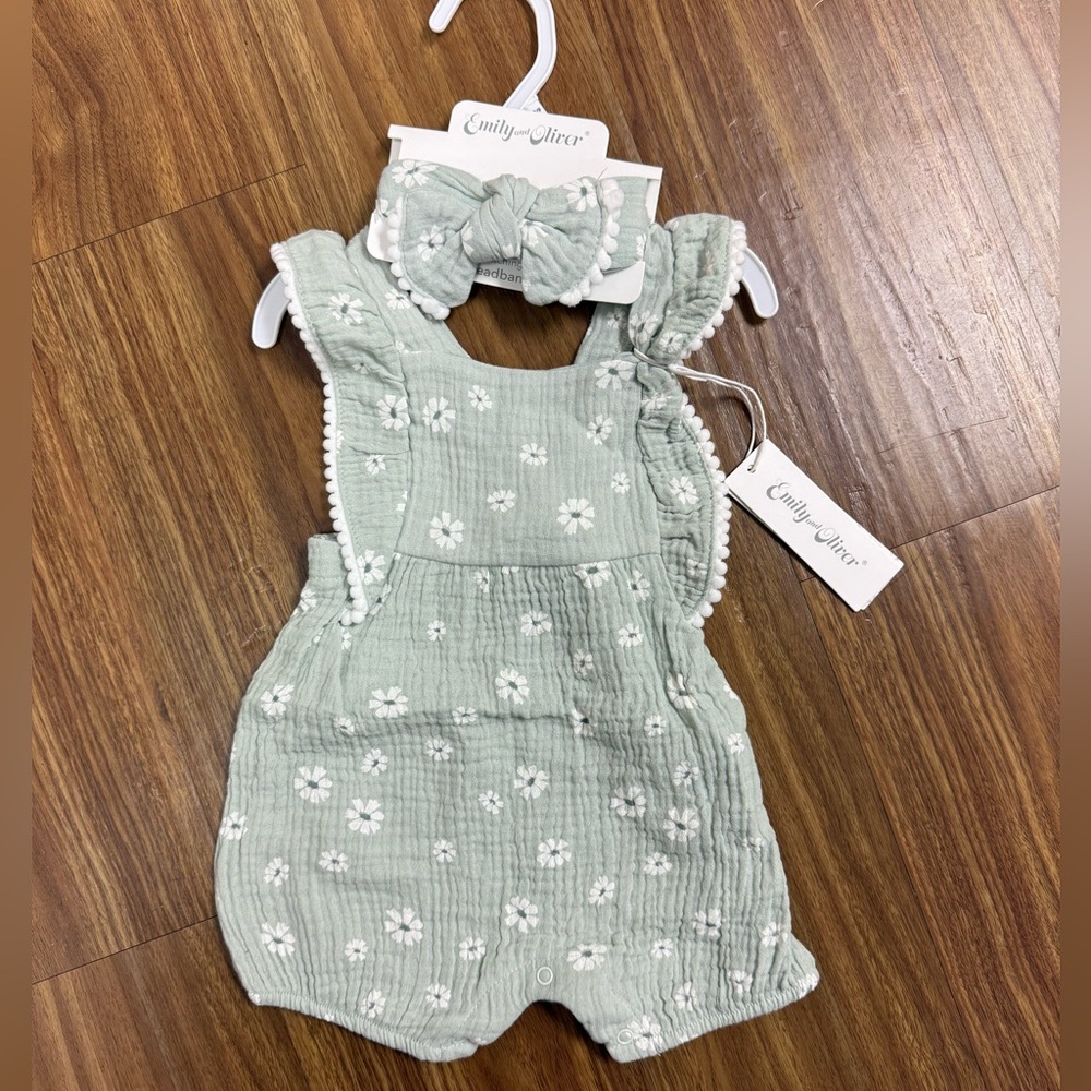 NWT- Baby Sage Floral Romper with Headband